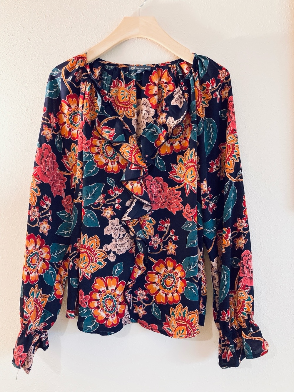 Democracy Floral Longsleeve Vneck Ruffle Peasant Blouse X-Large - Picture 2 of 12